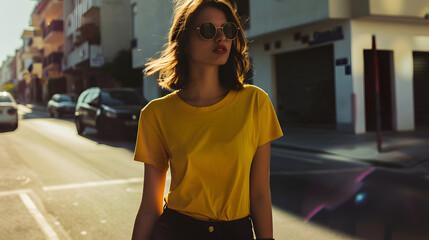 mockup featuring a stylish woman long hair with sunglasses wearing sunglasses, dressed in a trendy yellow t-shirt and jeans, confidently striding along a vibrant city street, exuding urban chic 