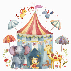 A whimsical circus tent with performers inside. clipart