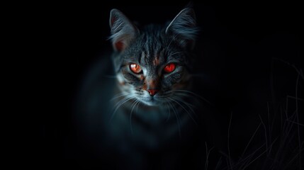 Cute gray cat. Red pupils. standing in the dark corner There is only a little light. that hits the face