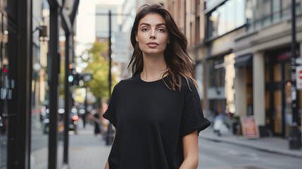 Fototapeta premium beautiful woman wearing a black t-shirt and jeans, standing confidently on a bustling city street, exuding urban chic and effortless elegance