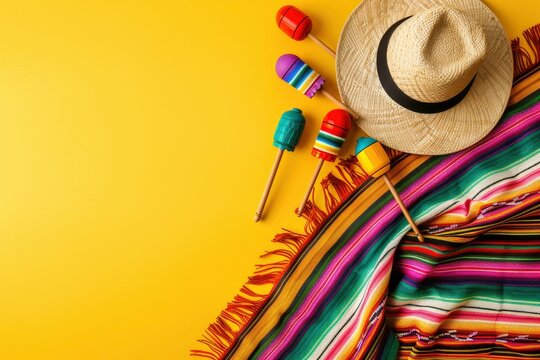 Mexican national holiday concept. Top view photo of sombrero hats maracas and colorful striped serape on isolated vibrant yellow background with empty space - generative ai
