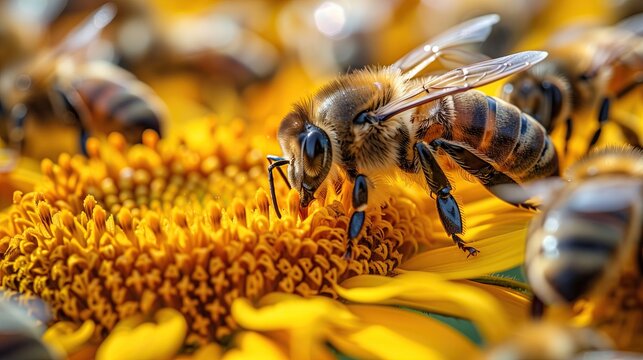 Close-up of worker bees collecting nectar on flowers, honeycomb, bee colony.