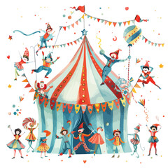 A whimsical circus with acrobats and clowns. clipart
