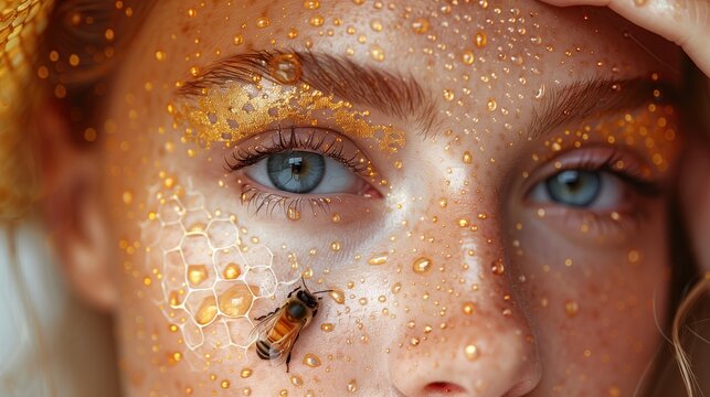 Photo of a beautiful young woman Smooth facial skin Apply a thin layer of honey cosmetic cream on your face and a bee lands on your face.