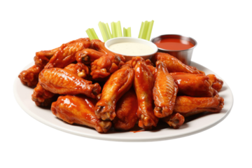 A Plate of Chicken Wings With Dipping Sauce. On a White or Clear Surface PNG Transparent Background.