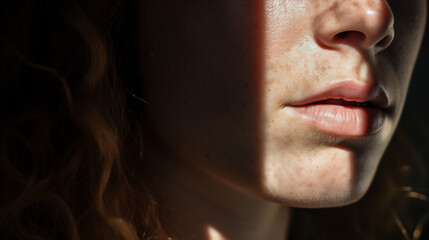 Intimate Close-up of a Woman's Face Illuminated by Natural Sunlight, Highlighting Her Green Eyes and the Delicate Textures of Her Skin - obrazy, fototapety, plakaty