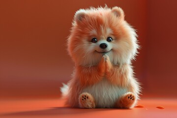 Obraz premium Sure, here is a description for the image: Adorable fluffy Pomeranian puppy with bright fur sits on a red background