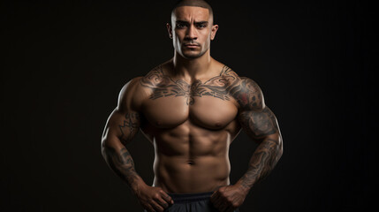 Fototapeta na wymiar Portrait of a Muscular Tattooed Man with a Focused Expression in Low Key Lighting, Emphasizing the Art of Body Ink and Physical Fitness