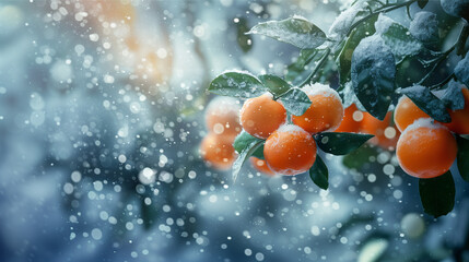 Ripe oranges, tangerines growing on a citrus branch with green leaves in the snow. Winter day. Bokeh effect. AI generative - obrazy, fototapety, plakaty