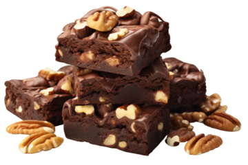 Stack of Brownies With Nuts. On a White or Clear Surface PNG Transparent Background.