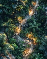 Bring your audience on an adventure! Design an aerial view capturing treks through lush, dense jungles Highlight winding paths, diverse flora, and hidden surprises Make the viewer want to step into th