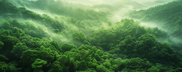 Capture the essence of serenity and tranquility in a high-angle shot of a lush green forest, with mist gently settling over the trees, conveying a sense of peace and rejuvenation