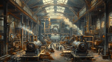 Capture the essence of the Industrial Revolution in a dynamic eye-level angle image portraying innovative machinery and bustling factories, exuding progress and change