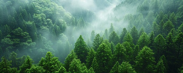 Capture the essence of serenity and tranquility in a high-angle shot of a lush green forest, with mist gently settling over the trees, conveying a sense of peace and rejuvenation - obrazy, fototapety, plakaty