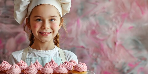 Cheerful Young Baker Holding Tray of Homemade Cupcakes with Creamy Frosting and Sprinkles