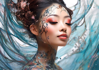 水しぶきと波の効果を合成した美しいアジア系の女性 - obrazy, fototapety, plakaty