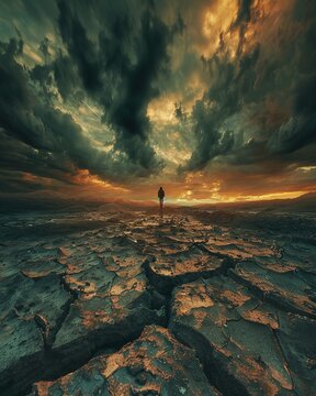 Capture the essence of survival in a post-apocalyptic world with a wide-angle shot showing a lone figure navigating a desolate landscape against a dramatic sky The image should convey a sense of resil