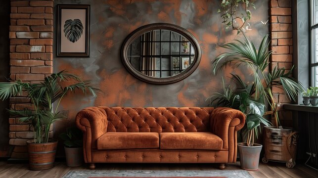 Wall-mounted Oval Mirror Stands Out Hanging Above The Leather Sofa In The Living Room. Looks Luxurious And Classy.