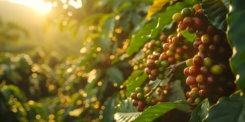Lush Coffee Beans on the Vine Embarking on a Flavorful Adventure - obrazy, fototapety, plakaty