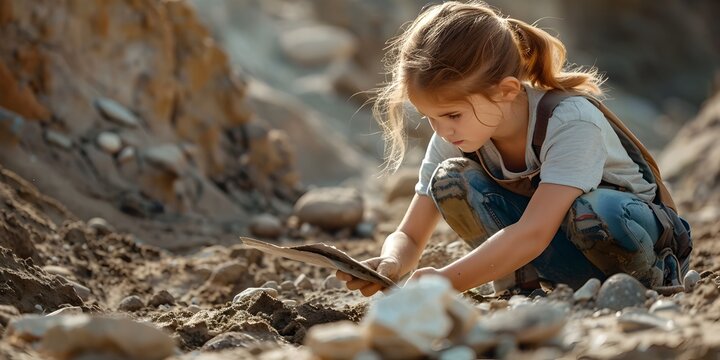 Young Girl Carefully Uncovering Fossils in Rugged Outdoor Landscape