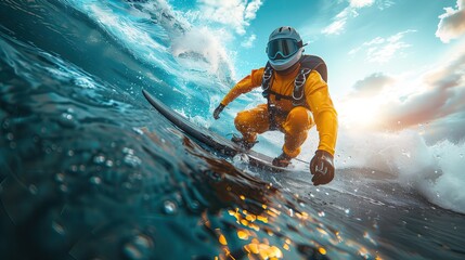 Professional sports photography Extreme skydiver on black electric surfboard Surfing in the sea On a bright and sunny day - obrazy, fototapety, plakaty