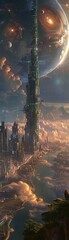 Craft a visually stunning side view graphic depicting a futuristic city nestled within a self-sustaining, engineered ecosystem on a desolate planet Show the harmony between technology, nature, and hum - obrazy, fototapety, plakaty
