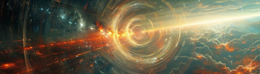 Craft an awe-inspiring image depicting the integration of antimatter into a bustling energy production facility Picture a landscape teeming with advanced technology, where beams of antimatter energy i - obrazy, fototapety, plakaty
