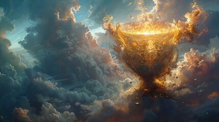 Craft an ethereal image of the mythical cup floating above a sea of clouds, surrounded by mythical creatures Highlight the cups perpetually full nature with a radiant glow and intricate details