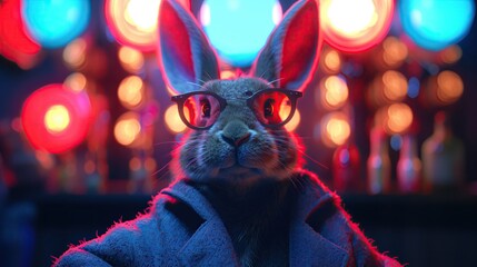 Rabbit wears a suit and glasses. On the background in the bar with colorful lights in the style of cyberpunk.