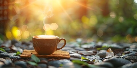 Obraz premium Tranquil Woodland Moment with Steaming Cup of Warm Beverage Amidst Nature's Embrace