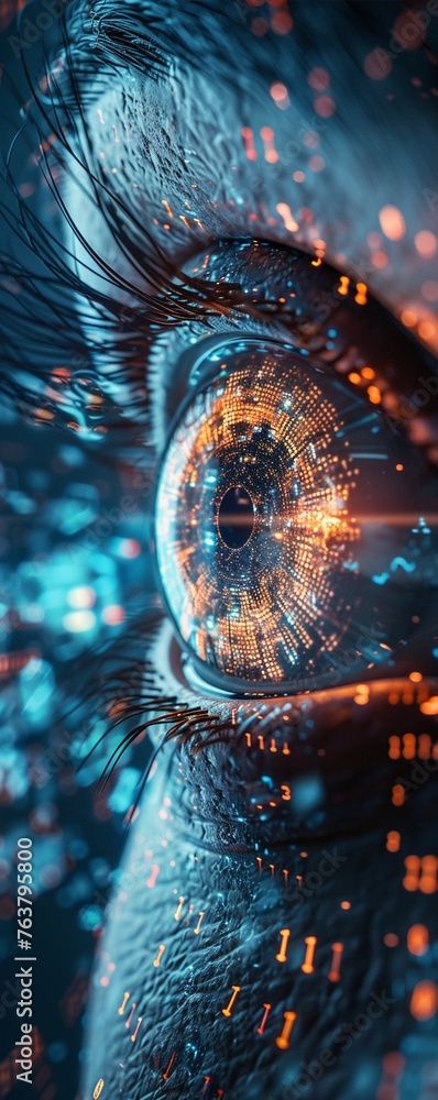 Aufkleber create a dynamic and thought-provoking graphic showcasing a low-angle view of futuristic biometric t