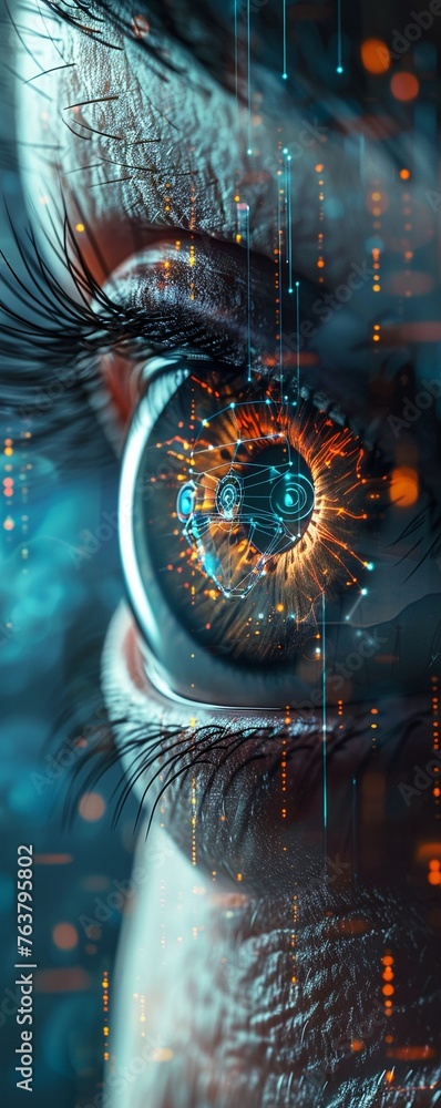 Aufkleber create a dynamic and thought-provoking graphic showcasing a low-angle view of futuristic biometric t