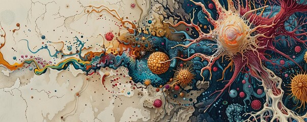 Create a captivating side view graphic showcasing the intricate world of scientific illustration Incorporate detailed anatomical drawings, microorganisms, and botanical elements Inspire wonder and cur