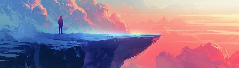 Create a dynamic side view illustration depicting a lone figure standing on a cliff edge, overlooking a vast landscape below Use bold colors and strong lines to convey a sense of strength and contempl - obrazy, fototapety, plakaty