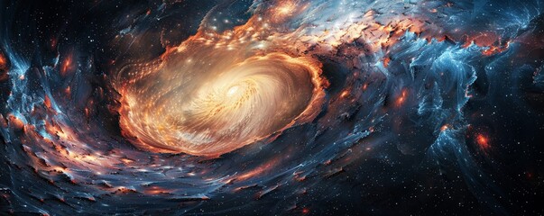 Create a visually captivating image of a swirling vortex, reminiscent of a black hole, with intricate details and shimmering effects to evoke a sense of cosmic wonder and mystery - obrazy, fototapety, plakaty