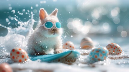 Rabbit wears goggles Playing surfboard with fun and courage. On the surface of the sea with waves And it's full of Easter eggs.
