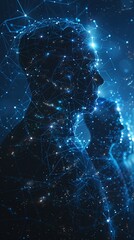 Design a captivating image showing interconnected human silhouettes merging into a digital network, representing the evolution of collective consciousness Focus on unity and technological advancement