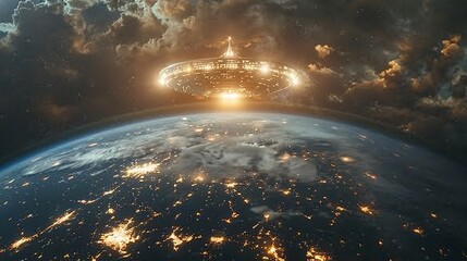 Design a captivating image of Earth seen from a birds-eye view, with a glowing UFO hovering above Incorporate elements symbolizing the philosophical implications of encountering extraterrestrial life - obrazy, fototapety, plakaty
