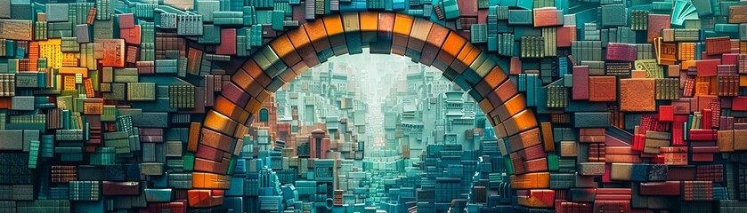 Design an intricate image of a bridge constructed entirely out of different languages symbolizing the connection between diverse cultures in literature Implement creative typography and vibrant colors - obrazy, fototapety, plakaty