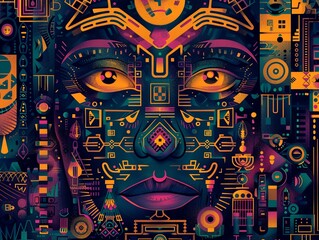 Design an intricate digital art piece illustrating a tribes hieroglyphic language communication system Use vibrant colors and detailed patterns to emphasize isolation and cultural uniqueness