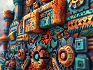 Design an intricate digital art piece illustrating a tribes hieroglyphic language communication system Use vibrant colors and detailed patterns to emphasize isolation and cultural uniqueness