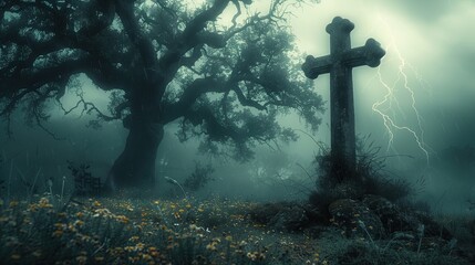 The cross on the grave hill is under a large tree. In the middle of the night, there was thunderstorms accompanied by light from the moon. - obrazy, fototapety, plakaty
