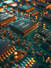 Obraz premium Dive deep into the heart of technology by showcasing the microarchitecture of semiconductor chips from a captivating tilted angle Emphasize the precision and complexity that fuel the digital worlds pr