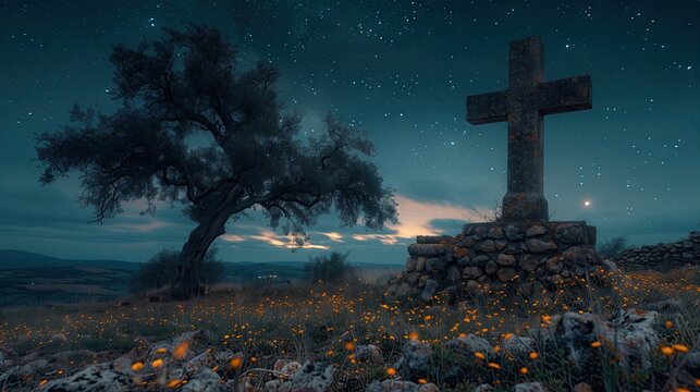 The cross on the grave is under a tall olive tree. In the middle of the forest at night There is light from the moon.
