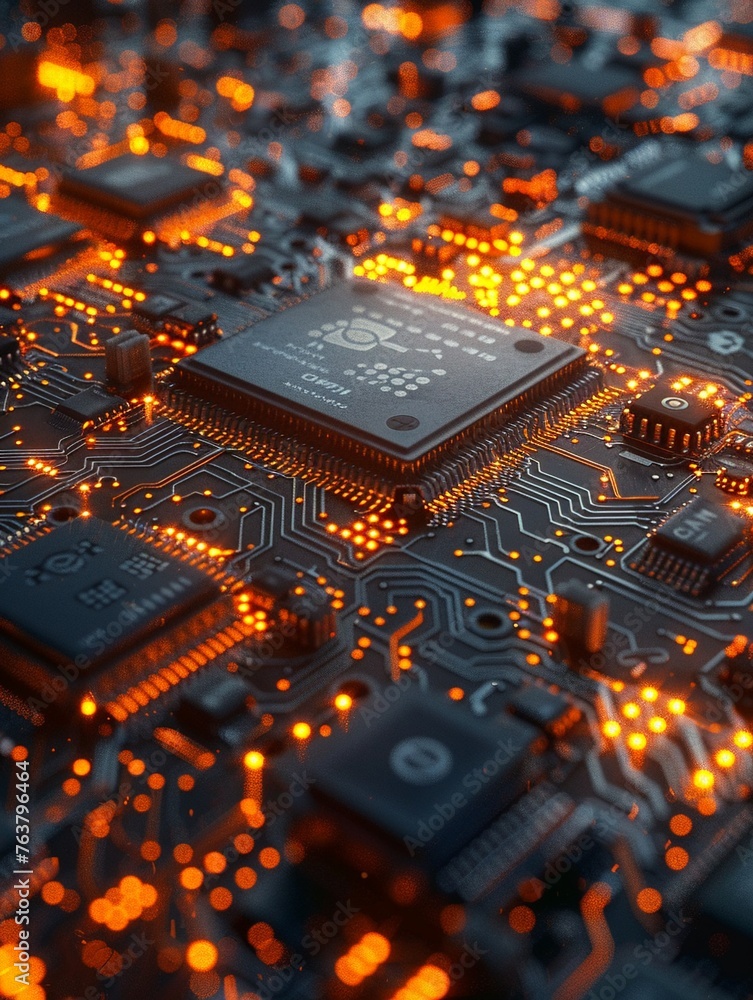Poster explore the intricate world of semiconductor chips through a dynamic tilted angle view show the intr