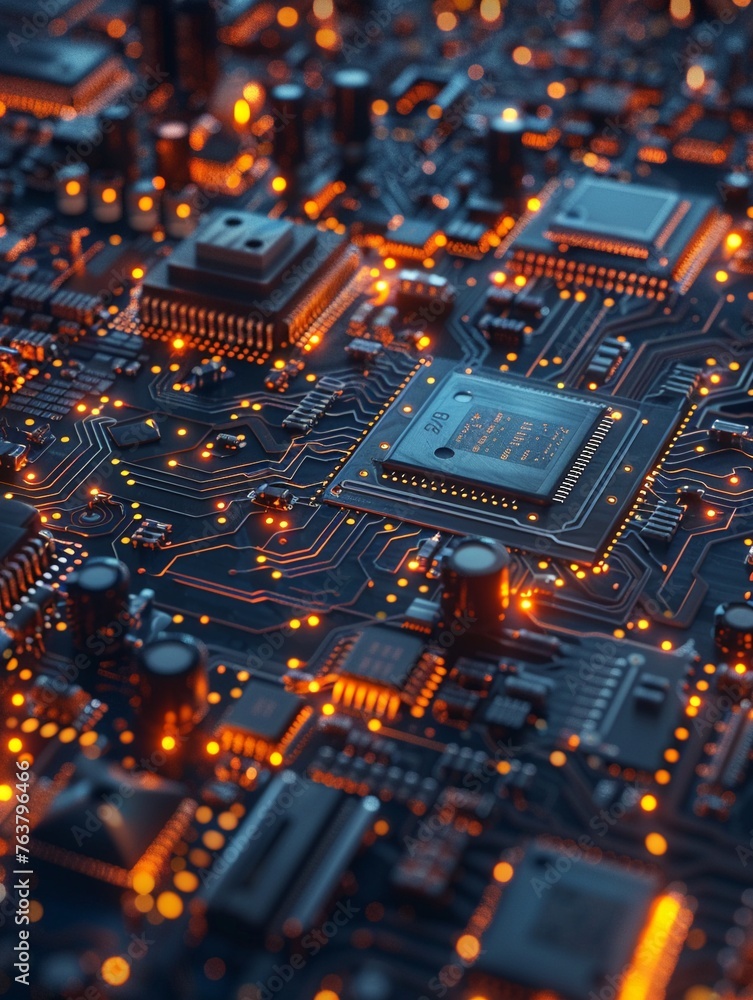 Poster explore the intricate world of semiconductor chips through a dynamic tilted angle view show the intr