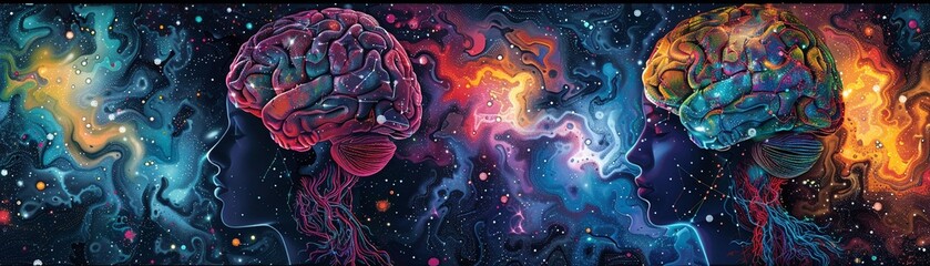 Illustrate a dynamic collage of interconnected brains with digital circuits merging into a collective consciousness Use a blend of vibrant colors and intricate patterns to convey the energy and comple