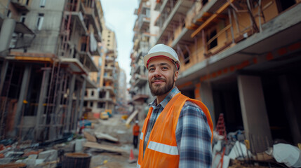 Fototapeta na wymiar Portrait of a foreman or worker against the backdrop of a construction site. Construction site manager wearing a hard hat and safety vest. A satisfied manager looks at the camera. AI generative