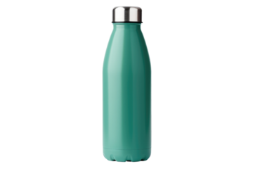 Green Stainless Steel Water Bottle on White Background. On a White or Clear Surface PNG Transparent Background.