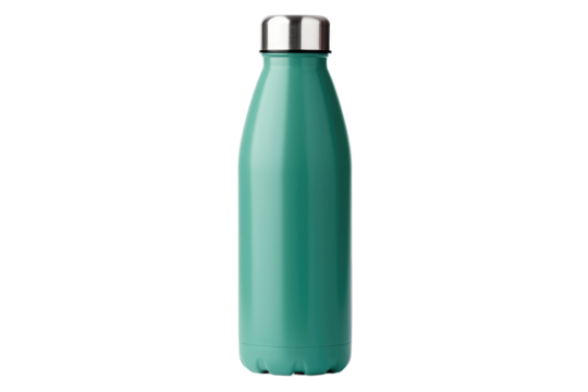 Green Stainless Steel Water Bottle on White Background. On a White or Clear Surface PNG Transparent Background.